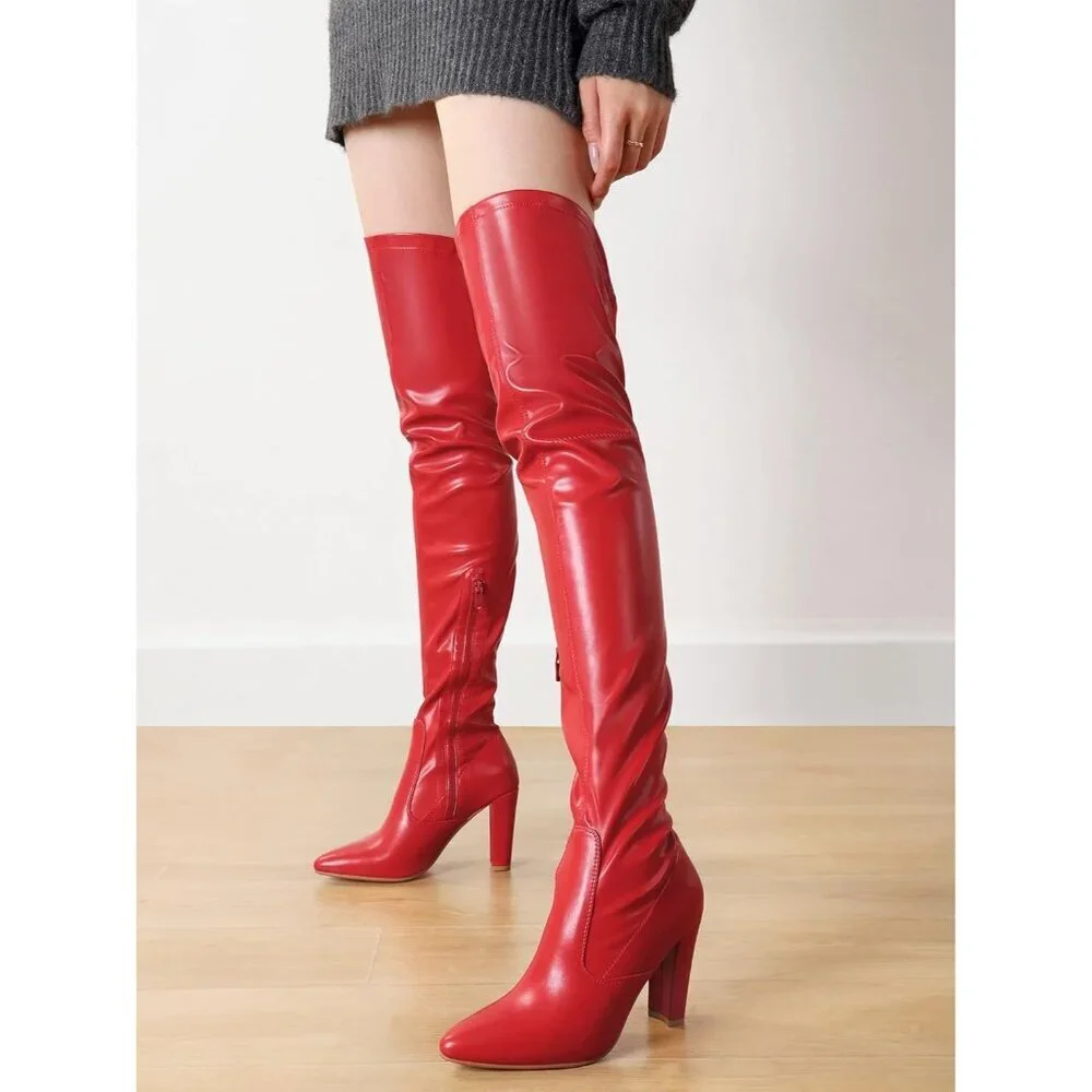Women Red Pu Suede Stretch Thigh High Over The Knee Chunky Heel Pointed Toe Boot